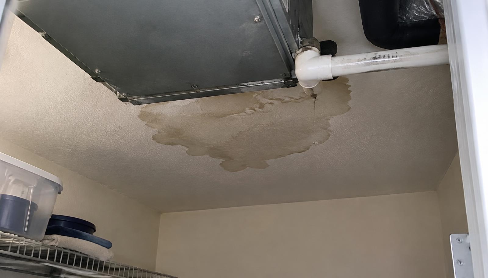 Water stain on a ceiling beneath a leaking AC air handler condensate line