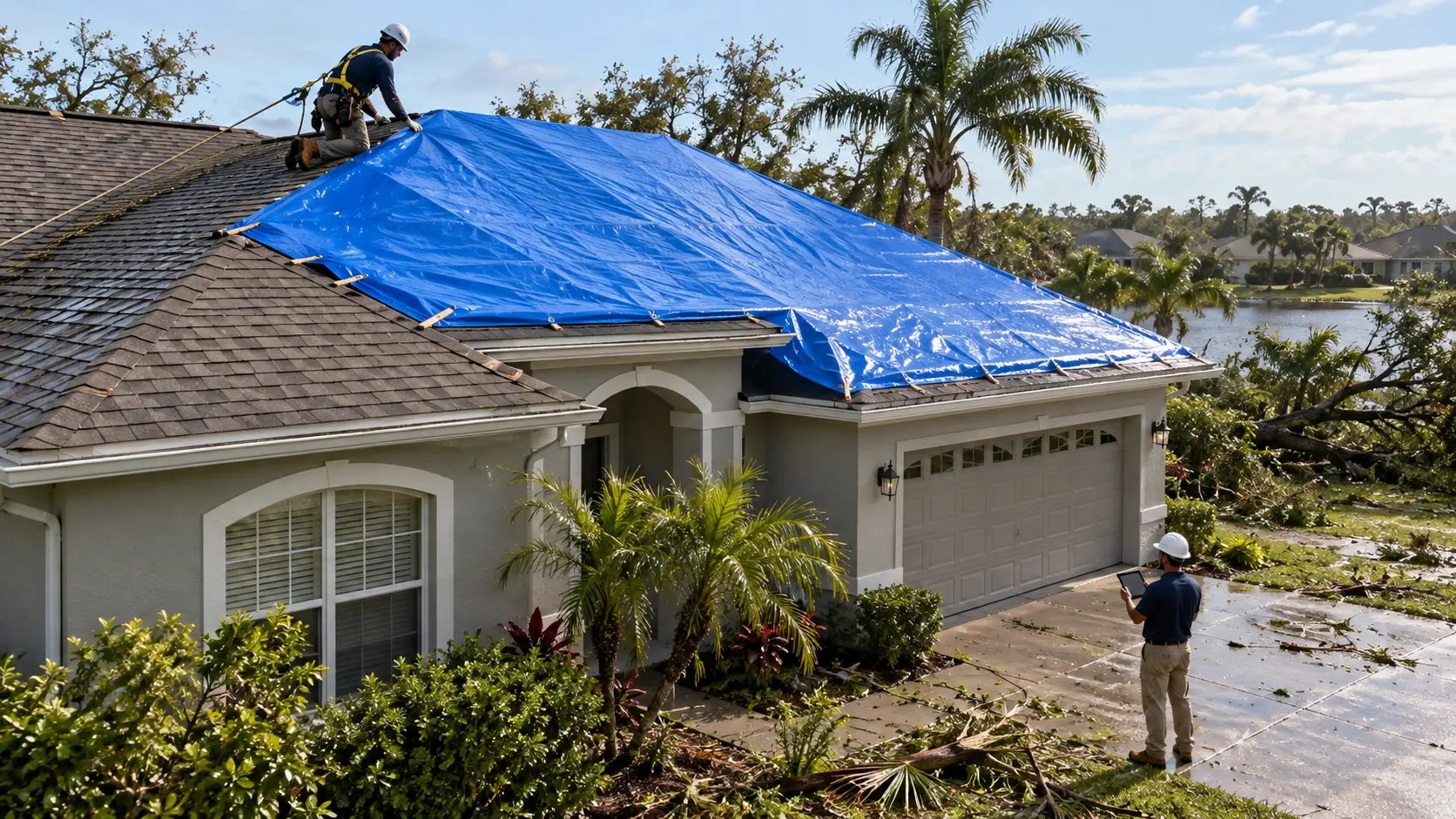 Harnessed restoration technician inspects a secured blue tarp on a storm-damaged roof in Central Florida.