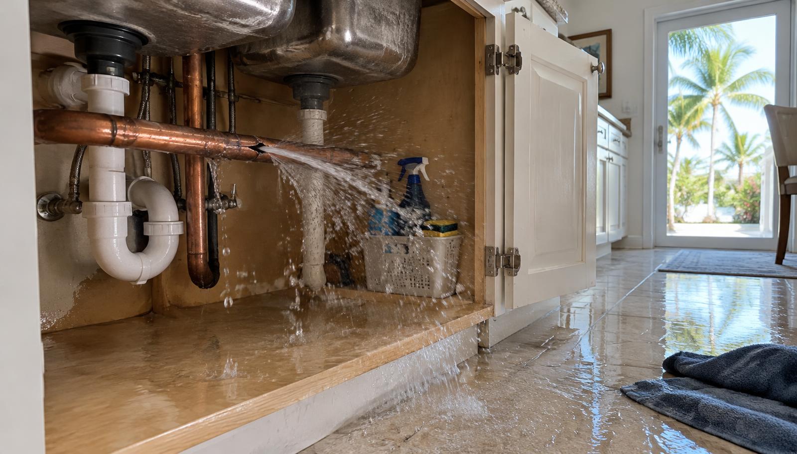 Burst copper pipe spraying water under a kitchen sink onto a tile floor