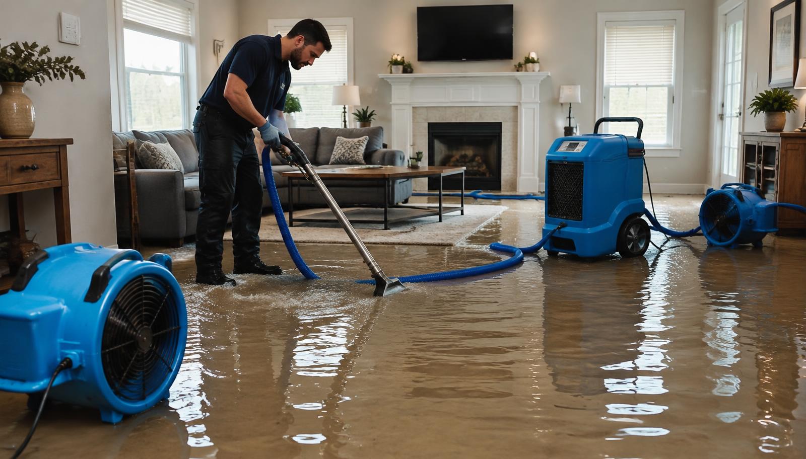 Technician extracting standing water from a flooded living room with air movers and dehumidifier