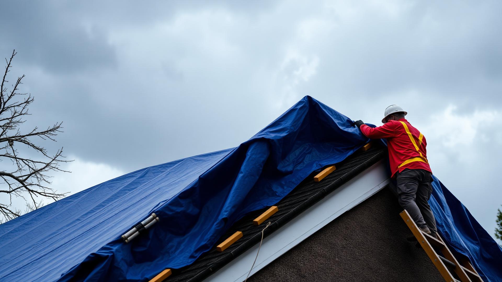 Technician installing emergency blue tarp on storm-damaged roof