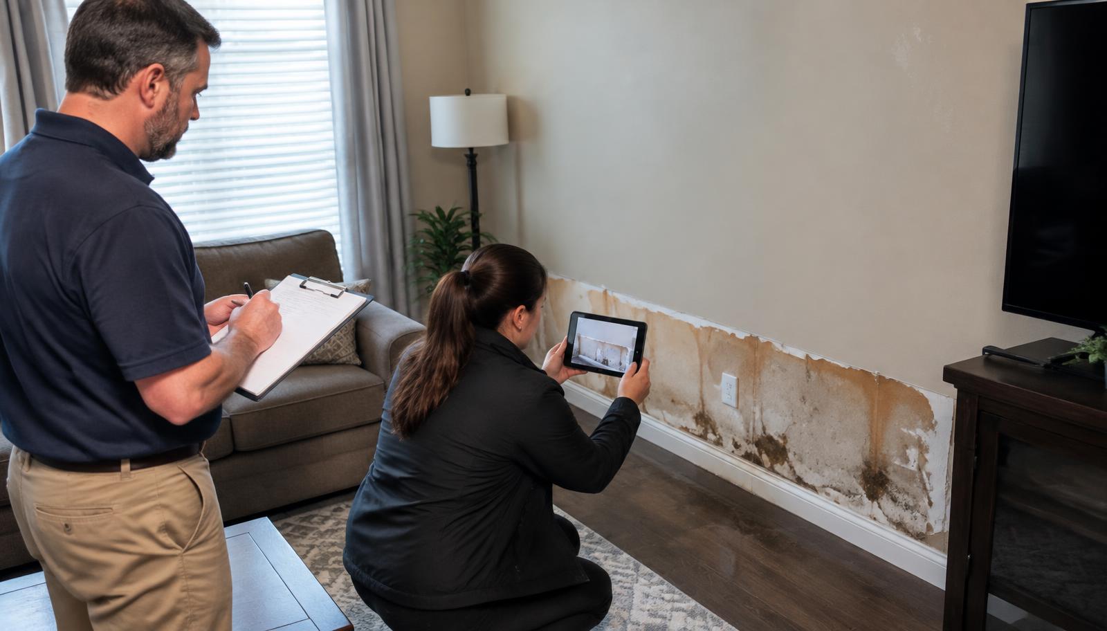 Insurance adjuster and homeowner documenting water-damaged drywall in a living room