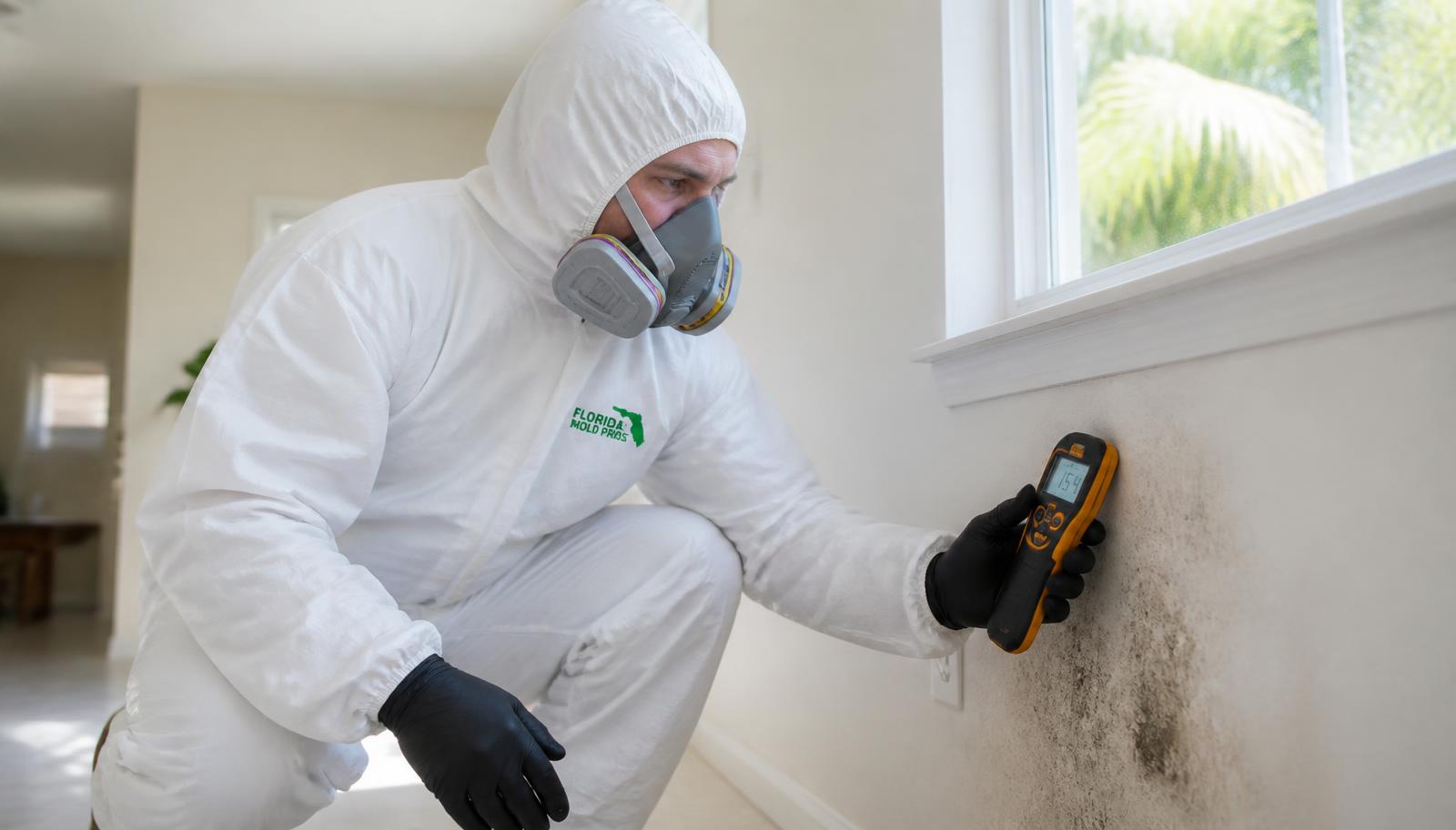Certified technician in white PPE using a moisture meter on a mold-affected wall in a Winter Haven, FL home
