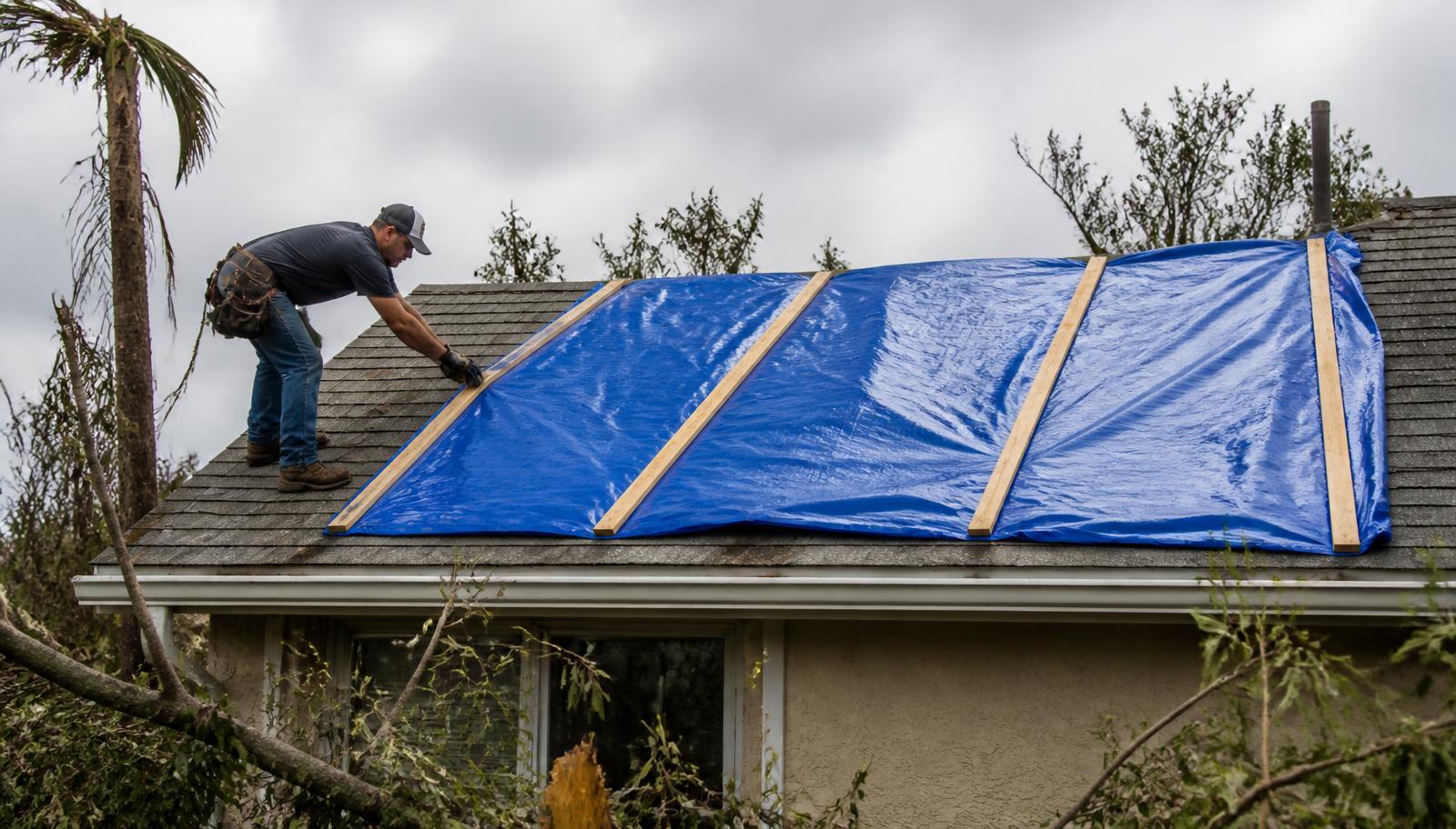 Roofing professional securing a heavy-duty blue tarp with furring strips over a storm-damaged roof in Winter Haven, FL