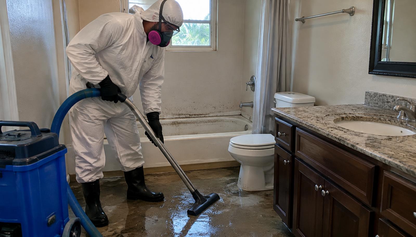 Technician in full protective gear extracting sewage water from a Winter Haven bathroom