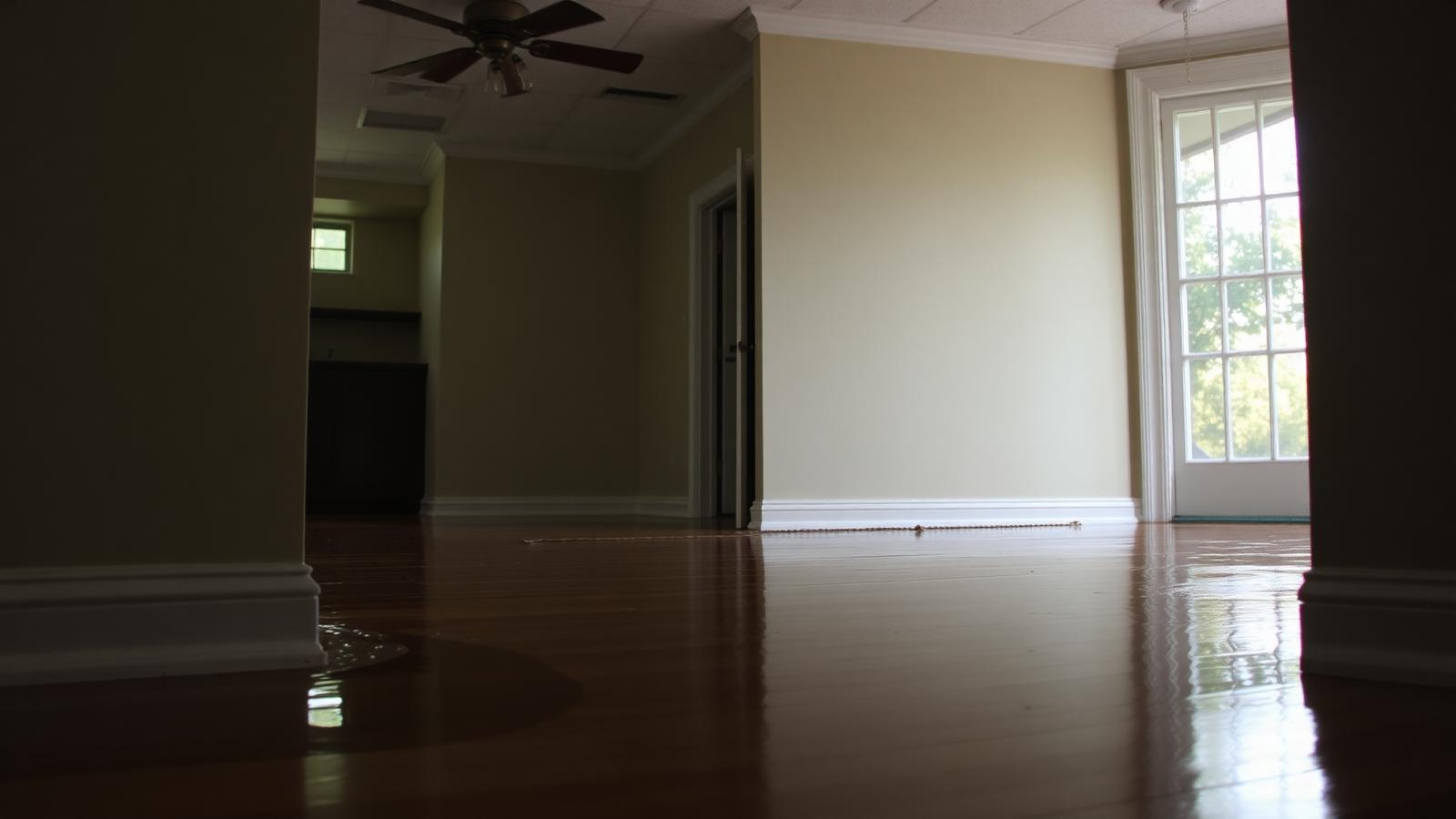 Water pooling on hardwood floor inside a Winter Haven, FL home showing signs of water damage