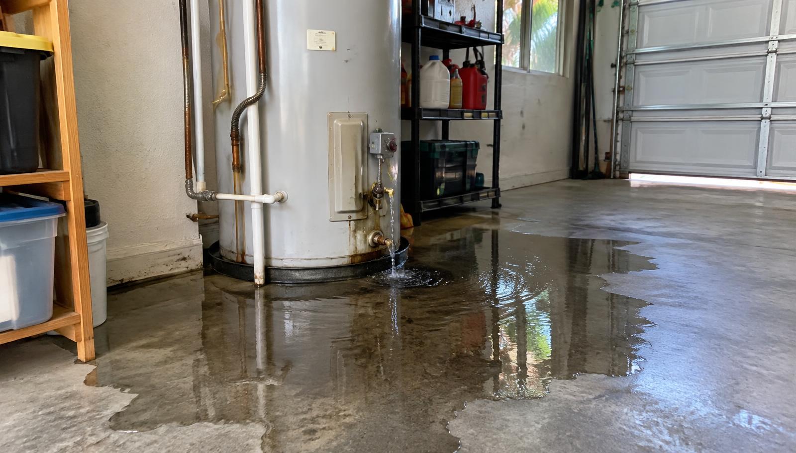 Leaking water heater with water spreading across a garage floor in an Auburndale, FL home